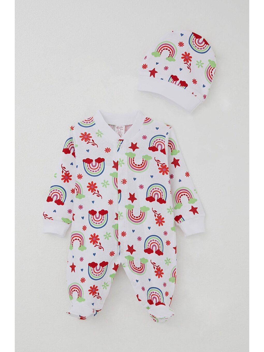 Kız Bebek Patikli Tulum Masalı Çiçek Desenli Beyaz (0-6 Ay)