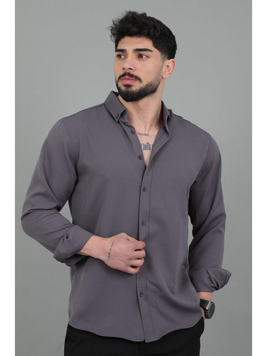 Antrasit Double Yazlık Uzun Kol Gömlek MRS 217_40416-2