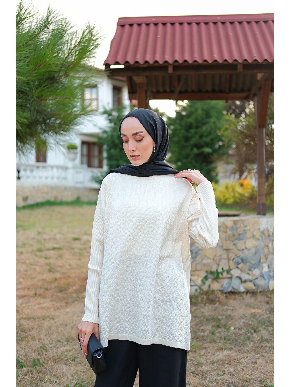 Kadın Kendinden Desenli Tunik Ekru-4