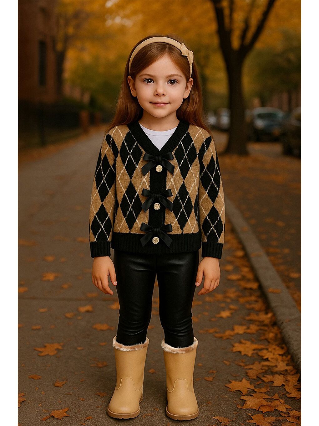 Siyah Baklava Desenli Fiyonklu Düğmeli Kız Çocuk Hırka-1