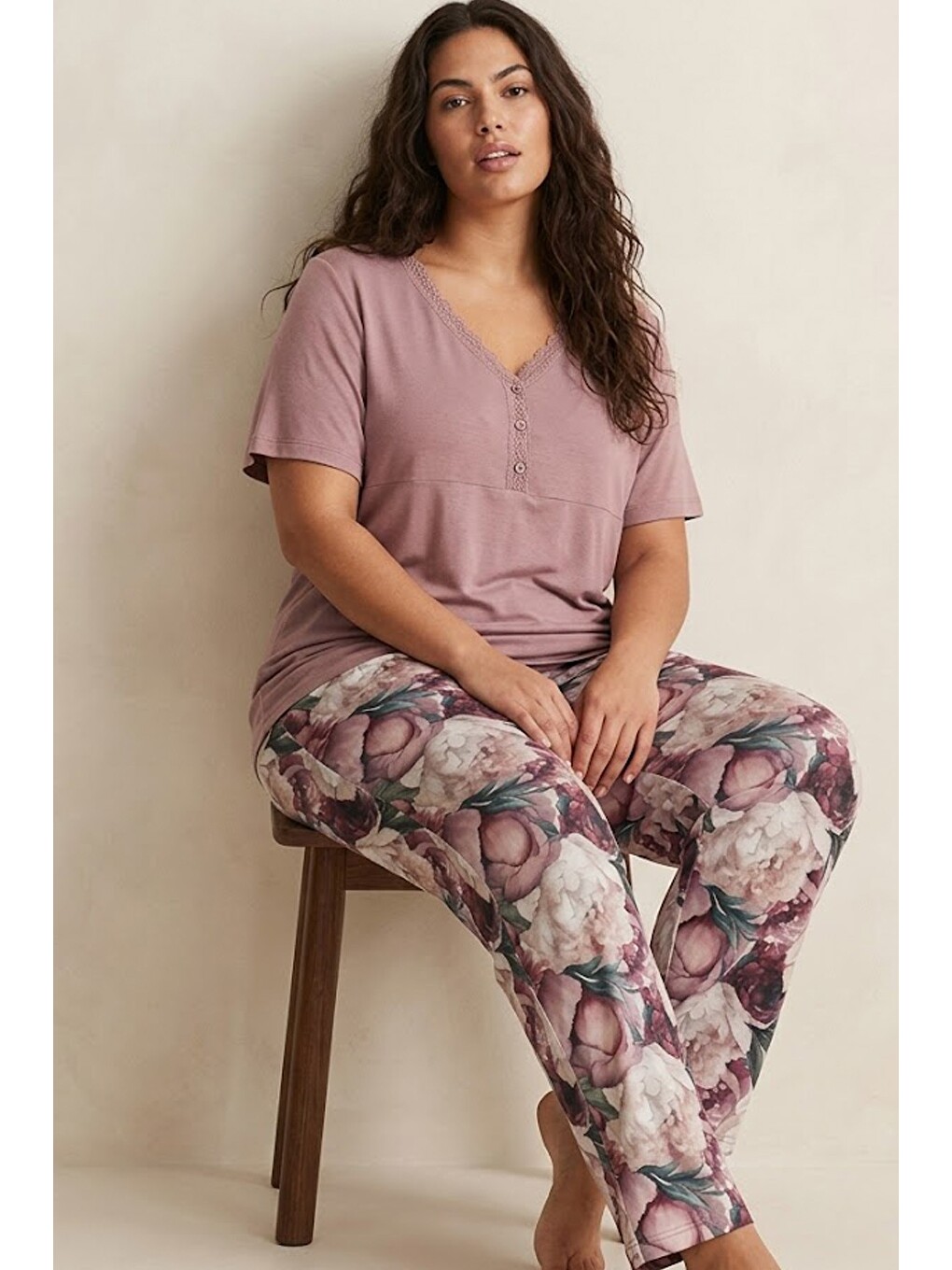 Pembe Desenli Büyük Beden Battal Boy Viskon Örme Pijama Takım