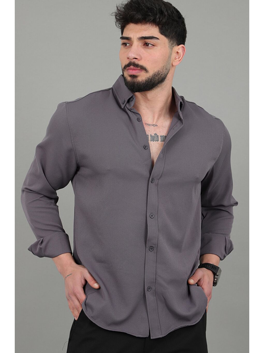 Antrasit Double Yazlık Uzun Kol Gömlek MRS 217_40416-3