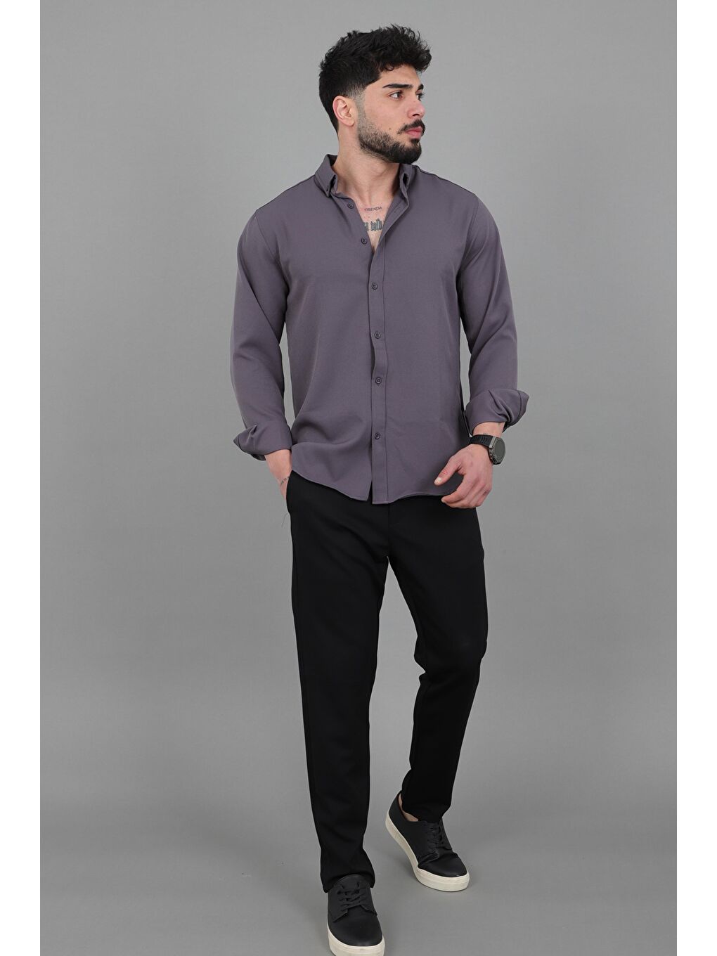 Antrasit Double Yazlık Uzun Kol Gömlek MRS 217_40416-4