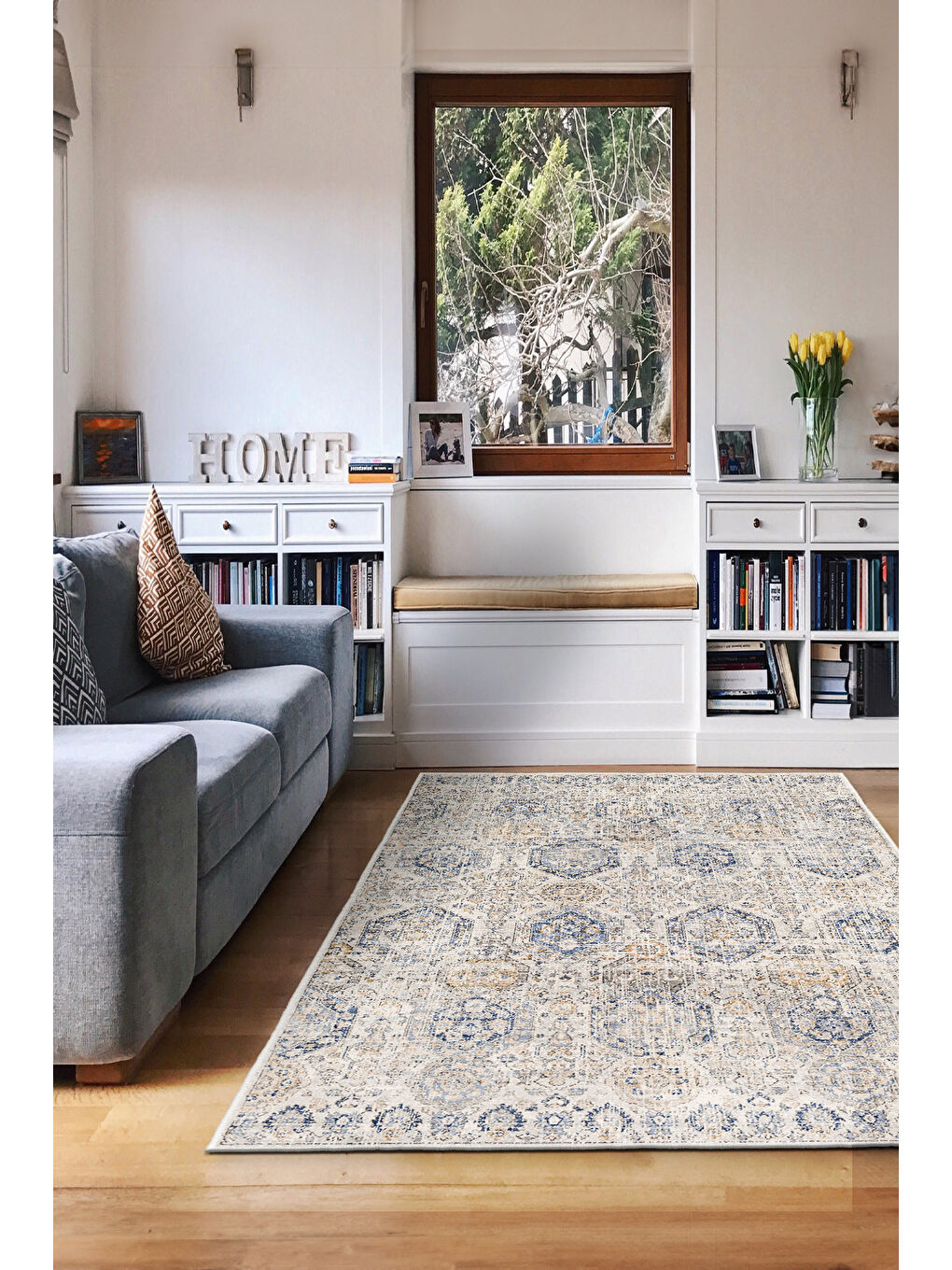 Mavi Dekoratif Özel Tasarım Yıkanabilir İnce Kaymaz Tabanlı Modern Halı KECE FR16-1