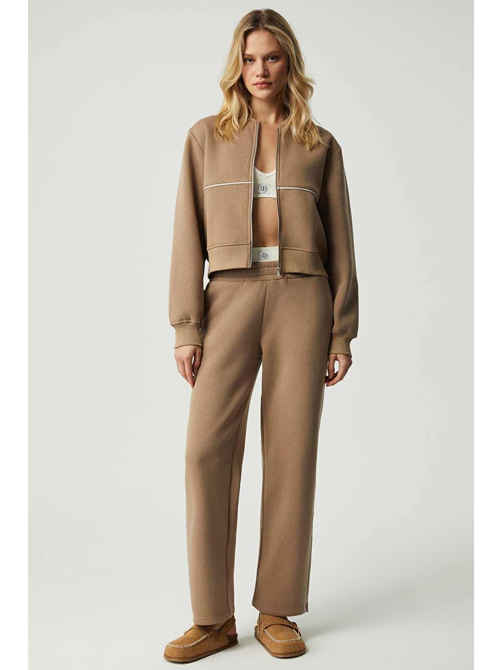 Bej Anyul Kadın Relaxed Bomber Yaka Vizon Sweatshirt-1