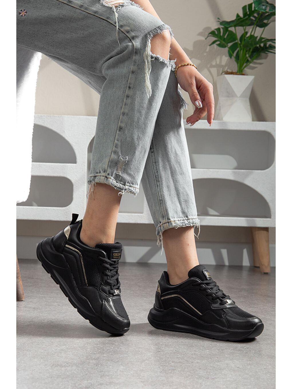 Siyah Grijak Günlük Ortopedik Kadın Sneaker Spor Ayakkabı-1