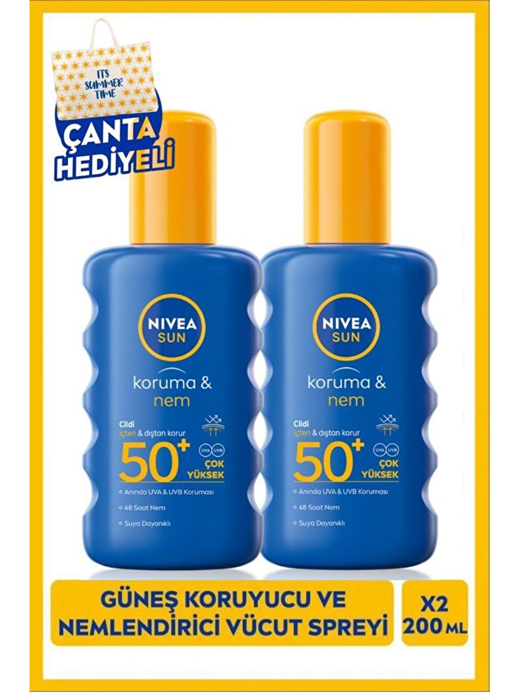 SUN Güneş Koruyucu Ve Nemlendirici Vücut Spreyi 200ml, SPF50 UVA UVB Koruması, X2Adet, Çanta Hediye