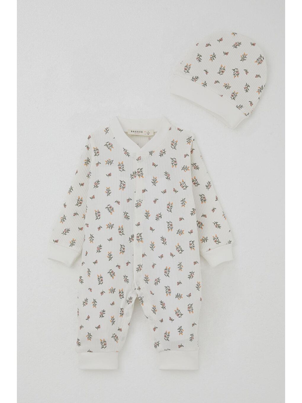 Kız Bebek Tulum Çiçek Desenli Ekru (0-6 Ay)