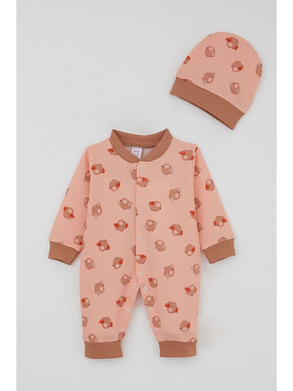 Pembe Kız Bebek Tulum Sevimli Kuşlar Desenli Somon (0-6 Ay)