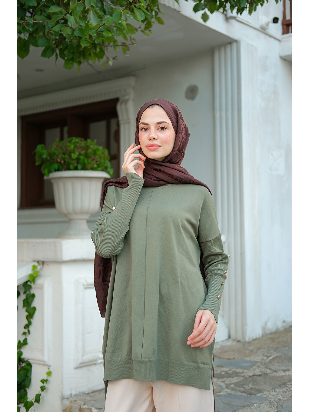 Kadın Kolları Düğme Detaylı Tunik Çağla Yeşil