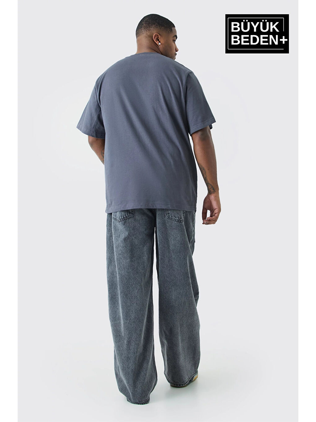 Gri Erkek Büyük Beden Brooklyn 1970 Baskılı Bisiklet Yaka Tişört SPR25BTS904-1