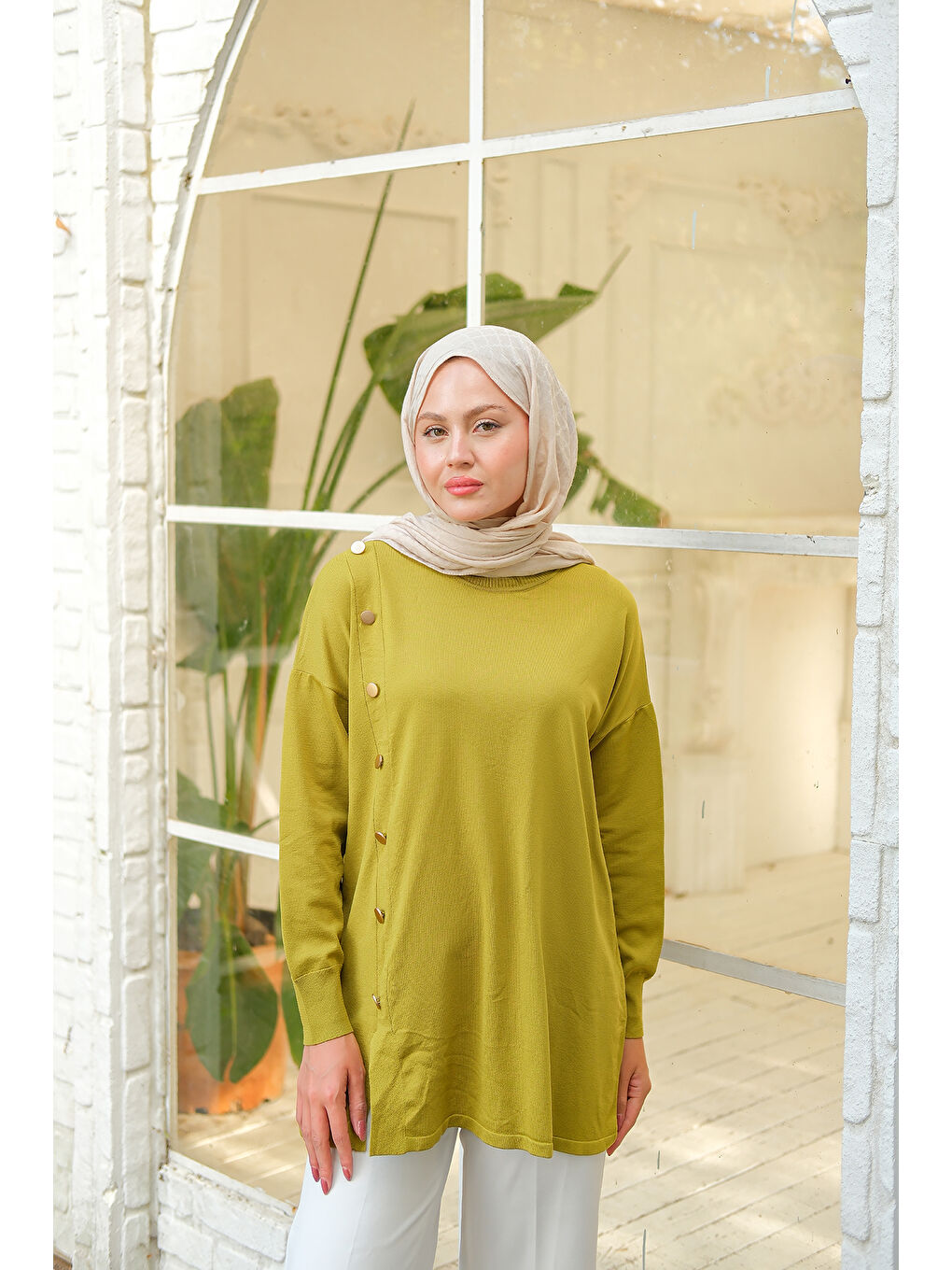 Kadın Ön Düğme Detay Tunik Yağ Yeşil-2