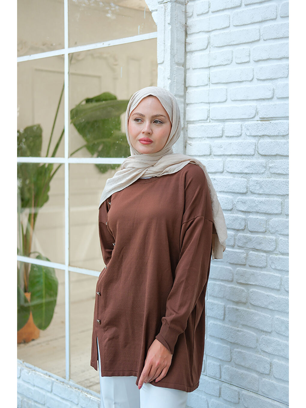 Kadın Ön Düğme Detay Tunik Kahverengi