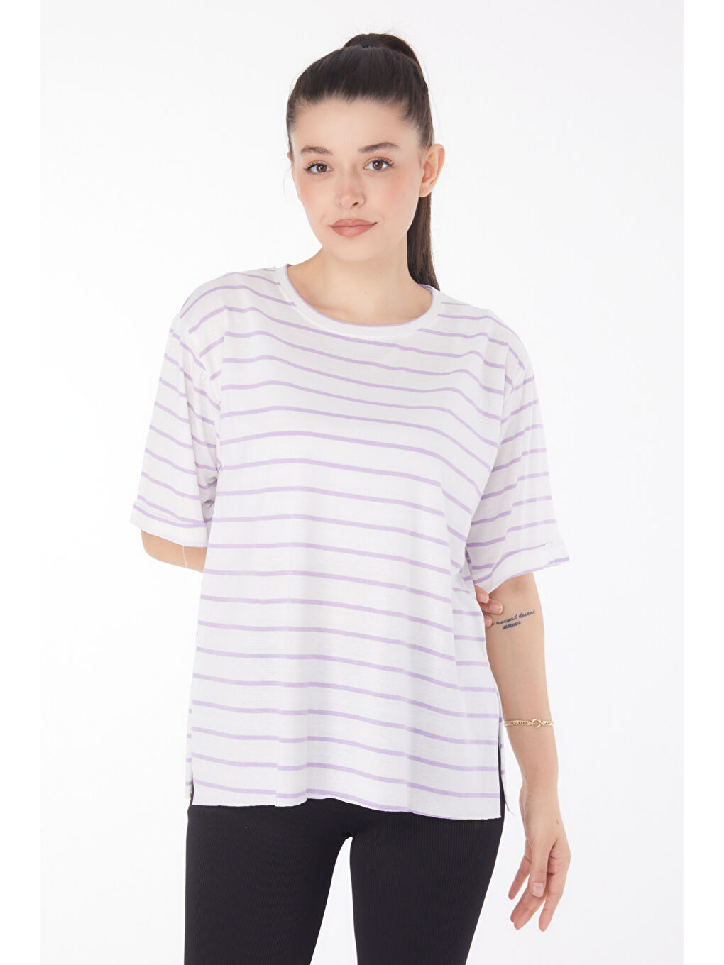 Çizgili Kısa Kollu T-shirt Beyaz Lila - 25840-1