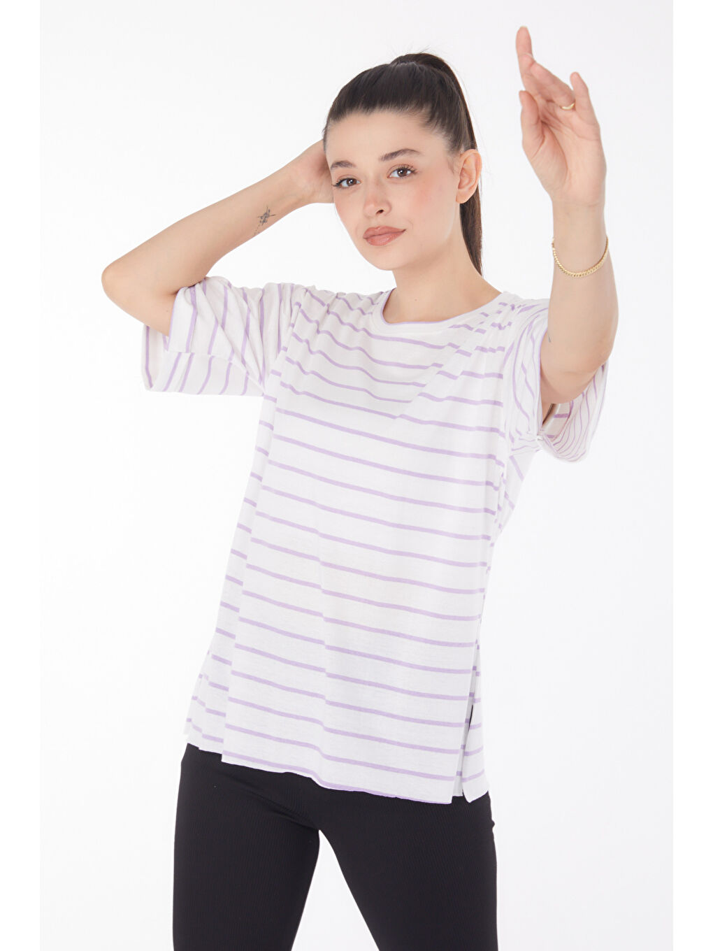 Çizgili Kısa Kollu T-shirt Beyaz Lila - 25840-2