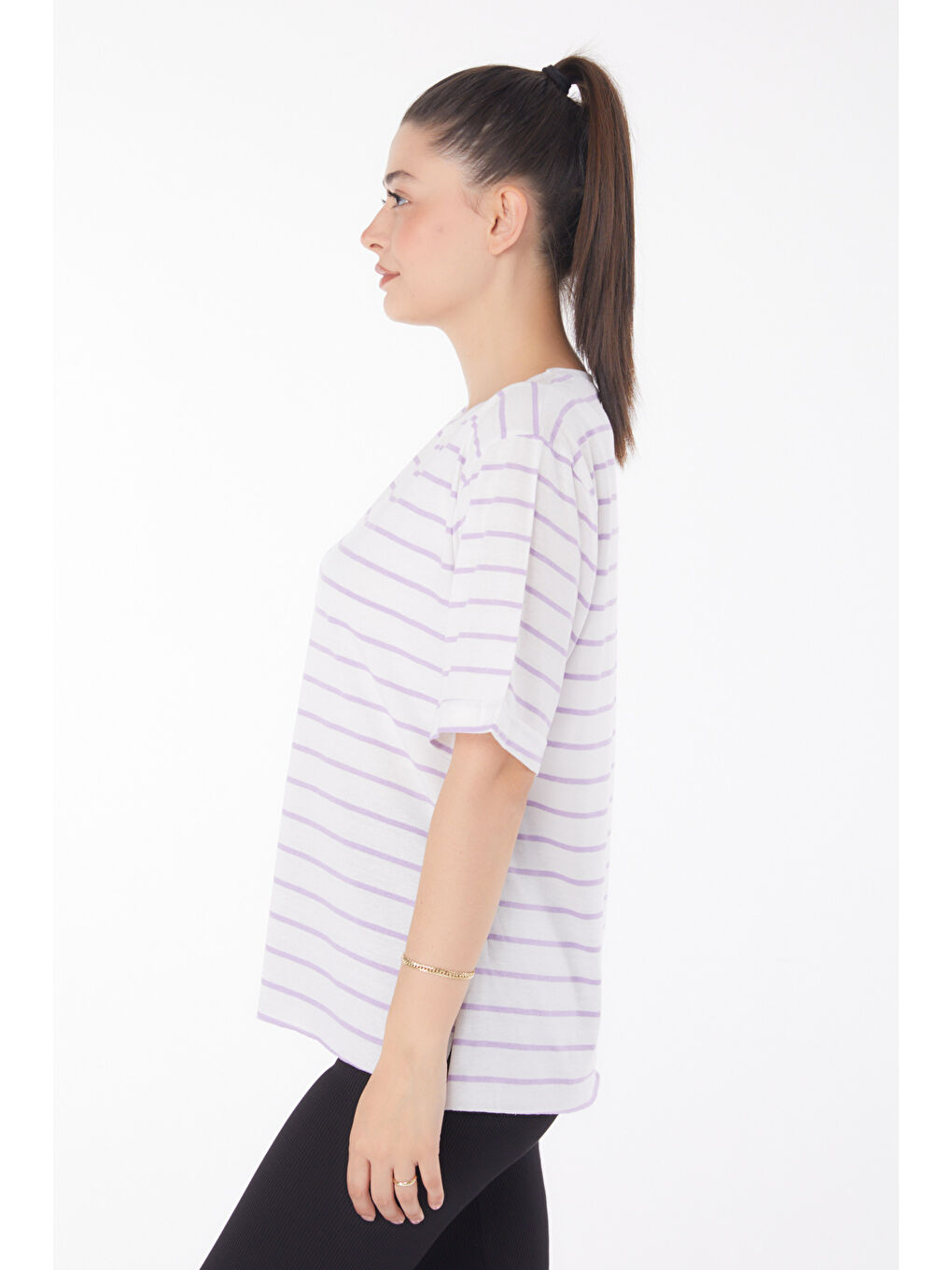 Çizgili Kısa Kollu T-shirt Beyaz Lila - 25840-3