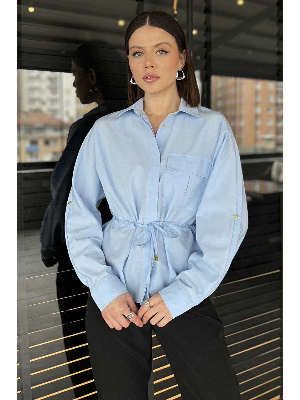 Mavi Bel Bağcıklı Uzun Kol Kadın Gömlek-1