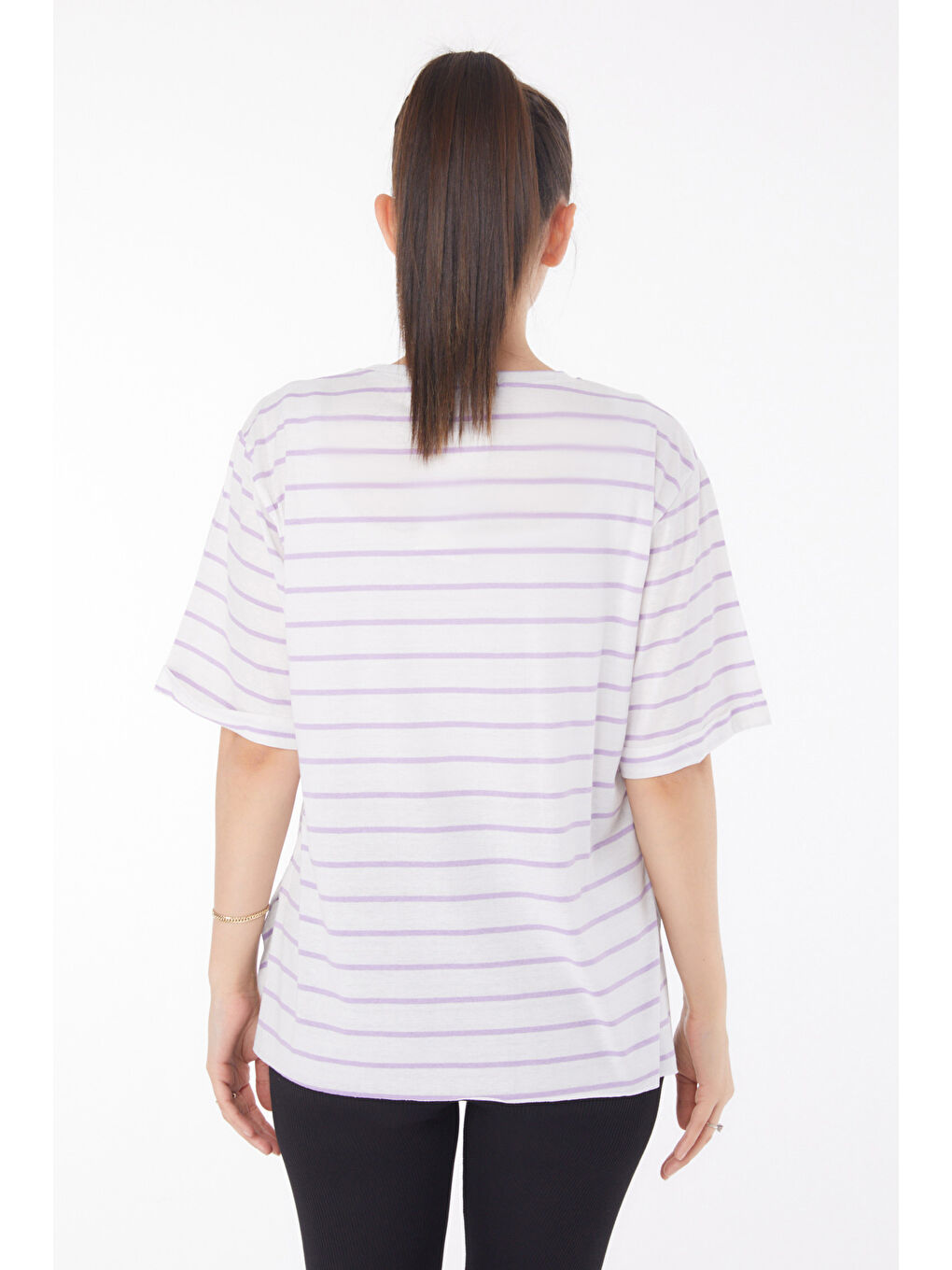 Çizgili Kısa Kollu T-shirt Beyaz Lila - 25840-4
