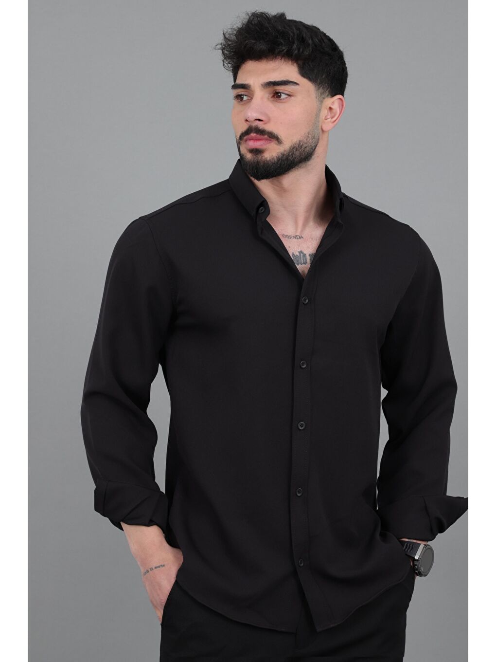 Siyah Double Yazlık Uzun Kol Gömlek MRS 217_40416-1