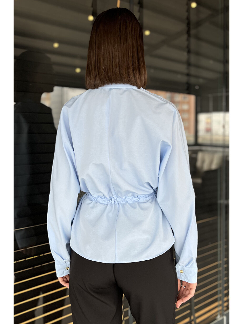 Mavi Bel Bağcıklı Uzun Kol Kadın Gömlek-2