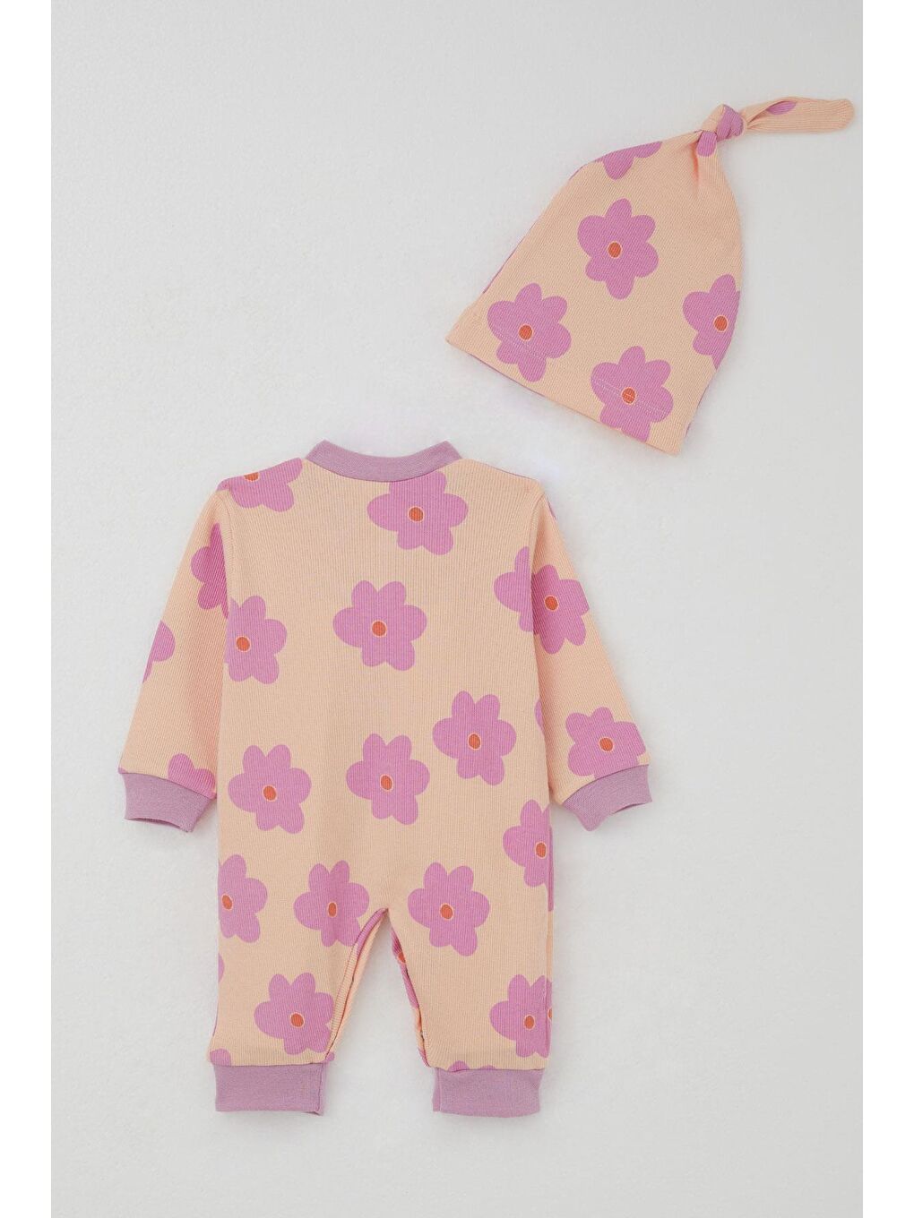 Pembe Kız Bebek Tulum Çiçek Desenli Somon (0-6 Ay)-1