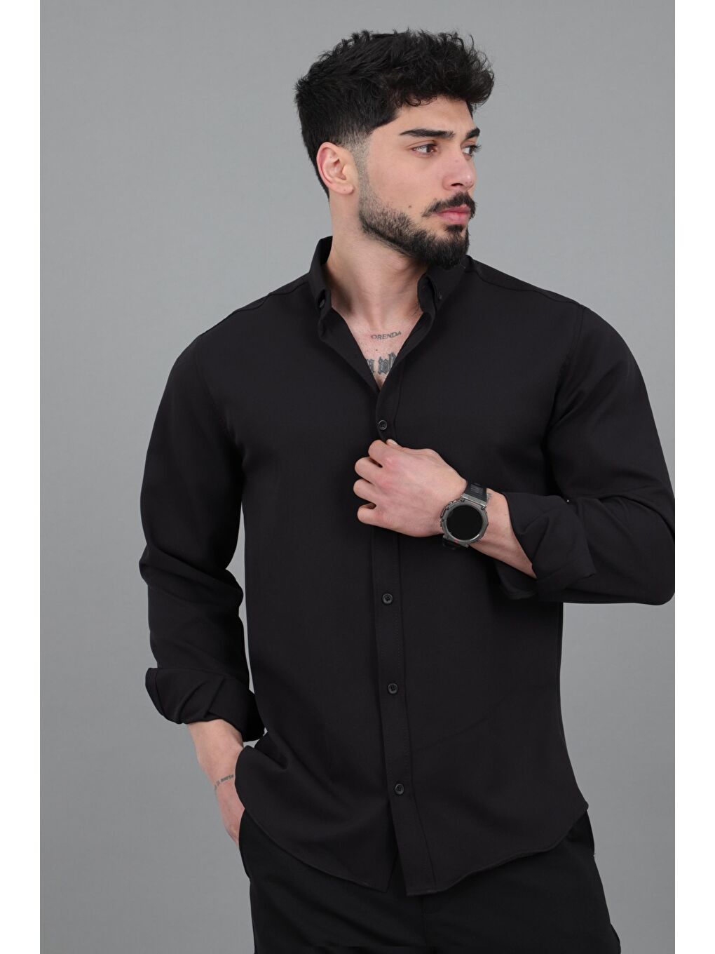 Siyah Double Yazlık Uzun Kol Gömlek MRS 217_40416-3