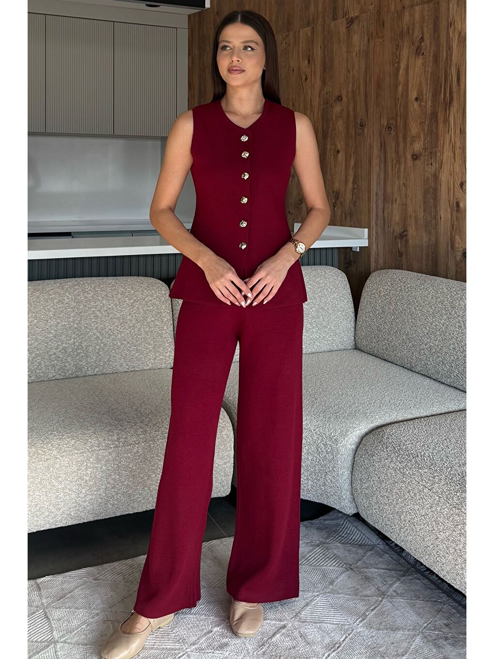 Bordo Yelek Pantolon Triko İkili Takım