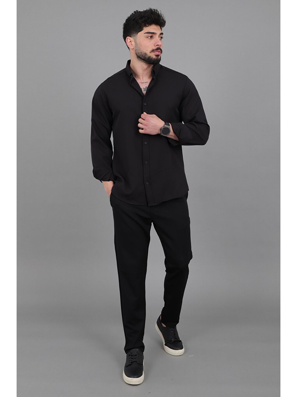 Siyah Double Yazlık Uzun Kol Gömlek MRS 217_40416-5