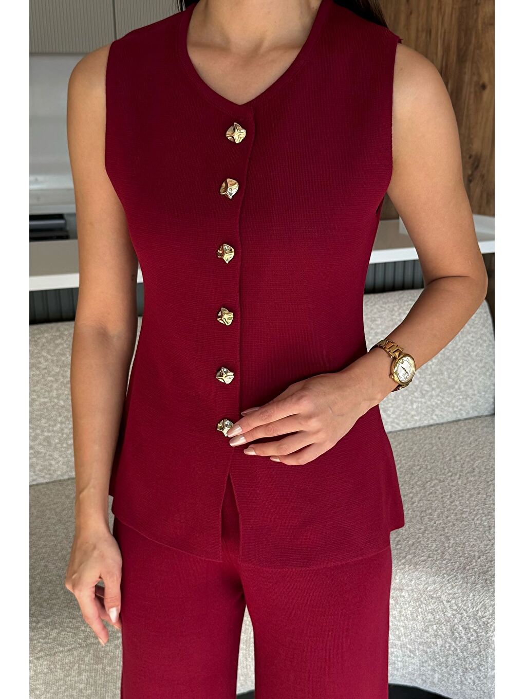 Bordo Yelek Pantolon Triko İkili Takım-1
