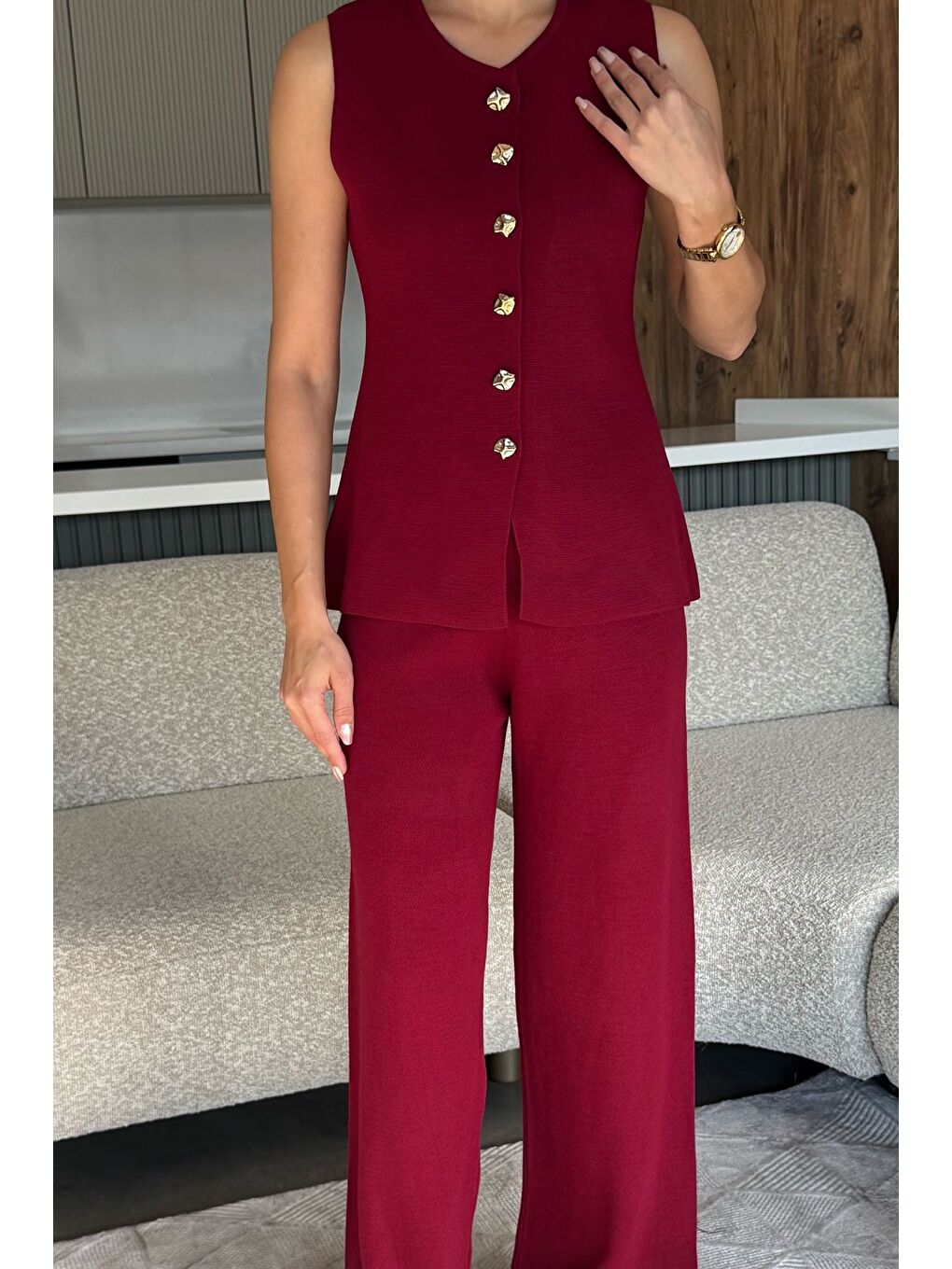 Bordo Yelek Pantolon Triko İkili Takım-2