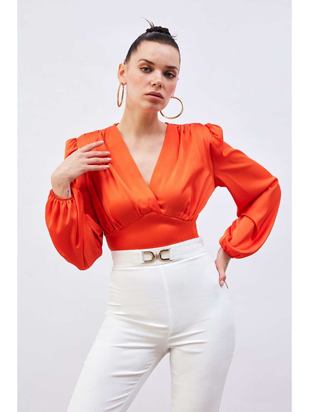 Turuncu Kruvaze Saten Bluz - Oranj-3