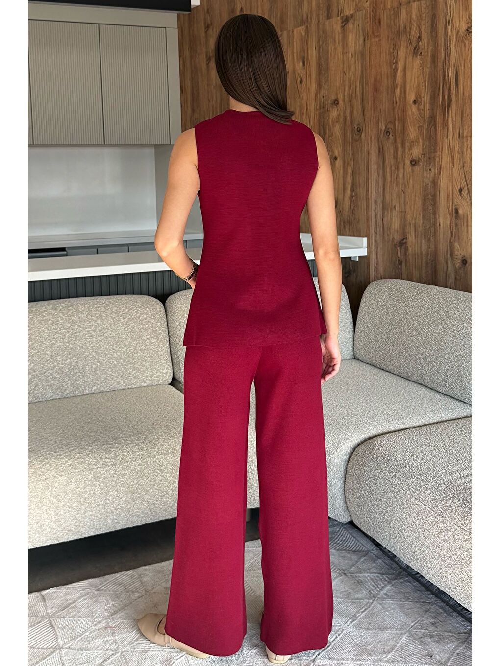 Bordo Yelek Pantolon Triko İkili Takım-3