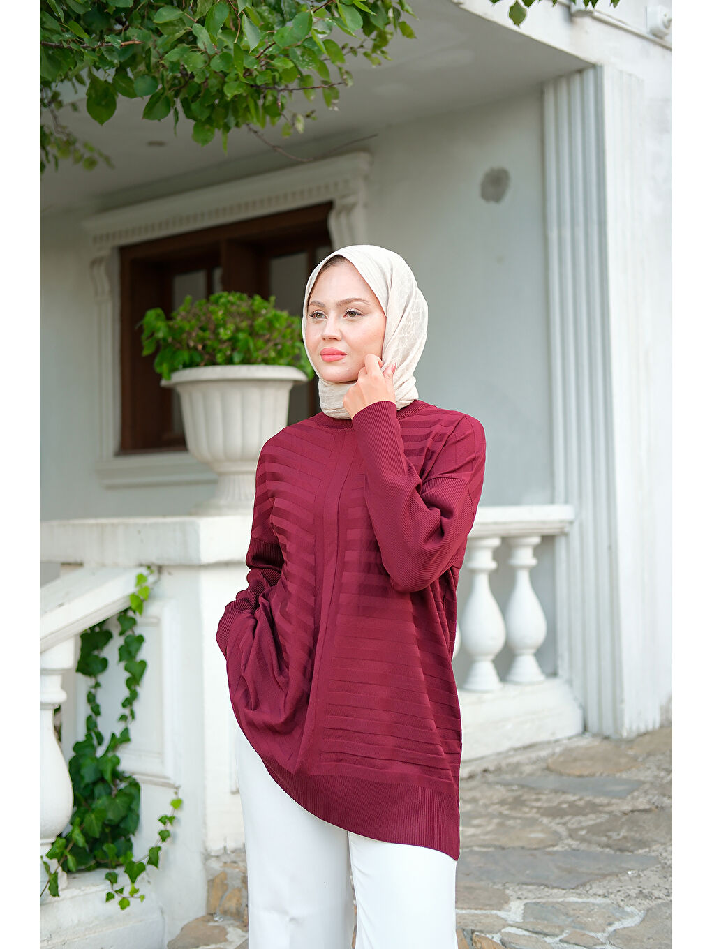 Kadın Kendinden Çizgi Desen Tunik Bordo-1