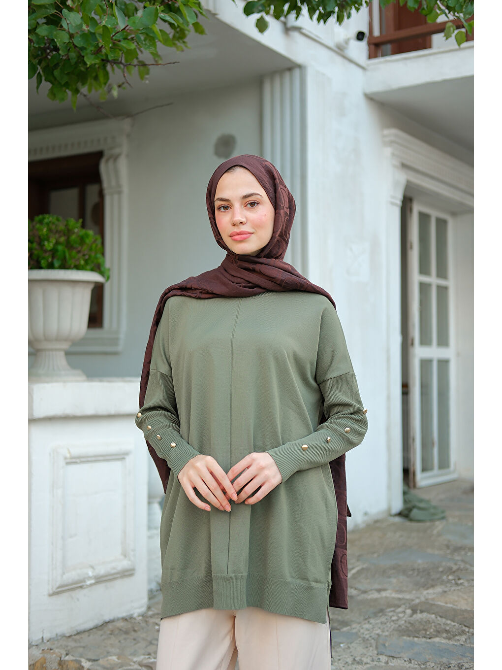 Kadın Kolları Düğme Detaylı Tunik Çağla Yeşil-1