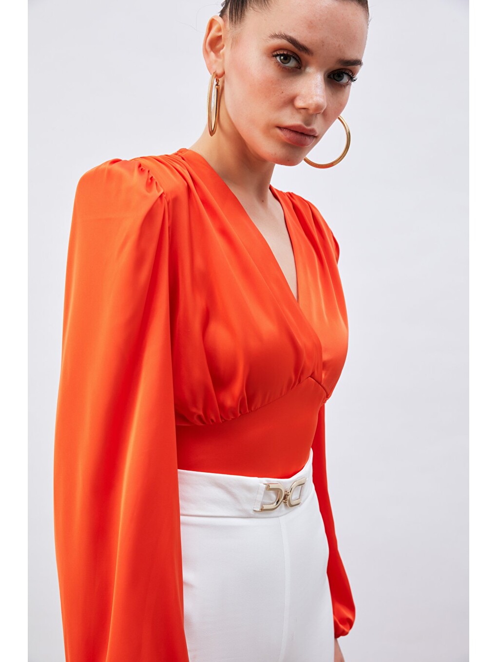 Turuncu Kruvaze Saten Bluz - Oranj-5