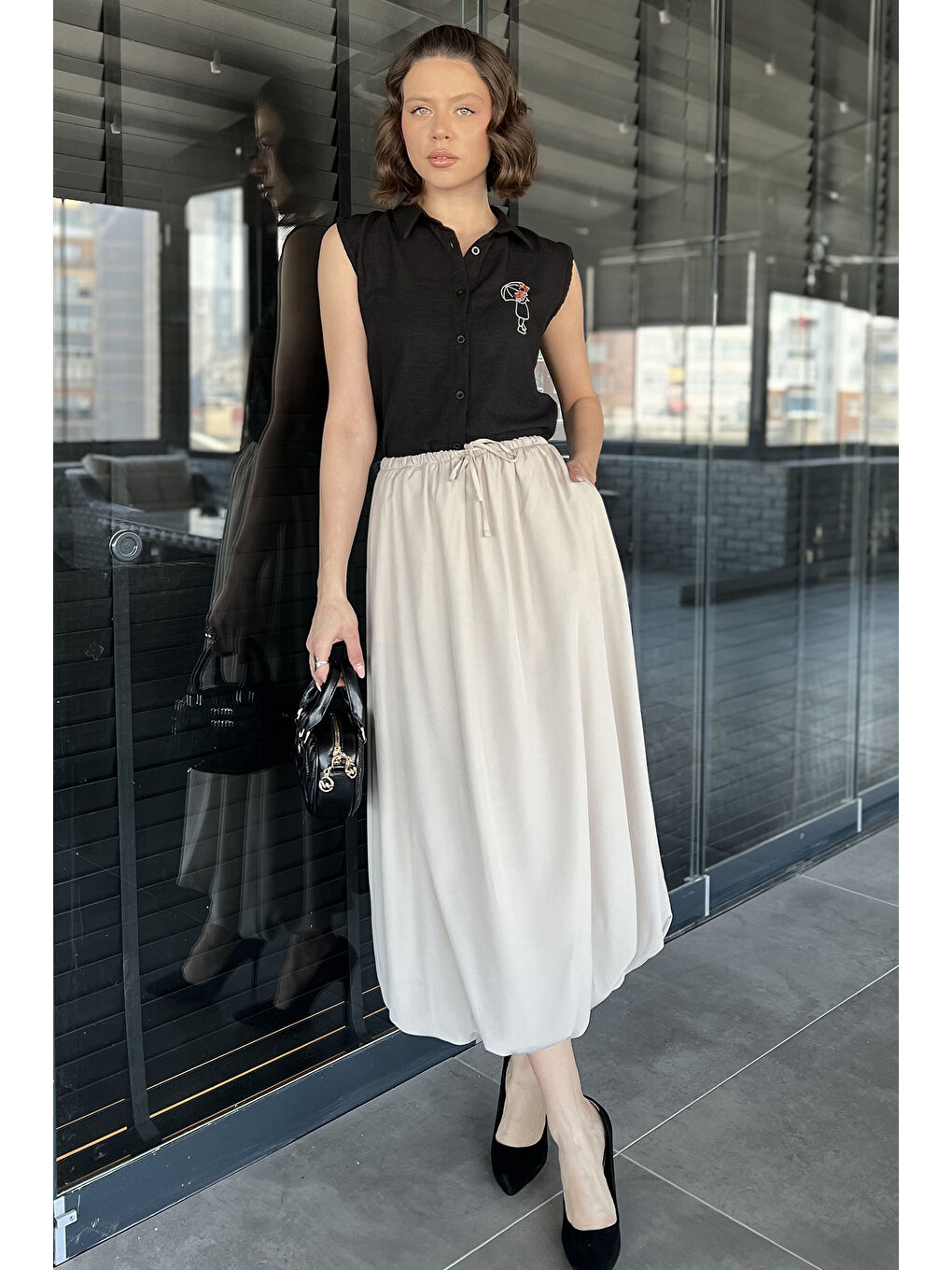 Bej Kadın Bel Lastikli Cepli Balon Etek-1