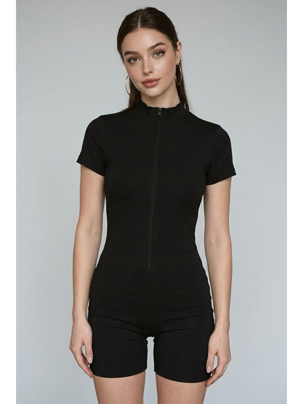 Siyah Slim Fit Fermuarlı Şort Tulum Mg2794