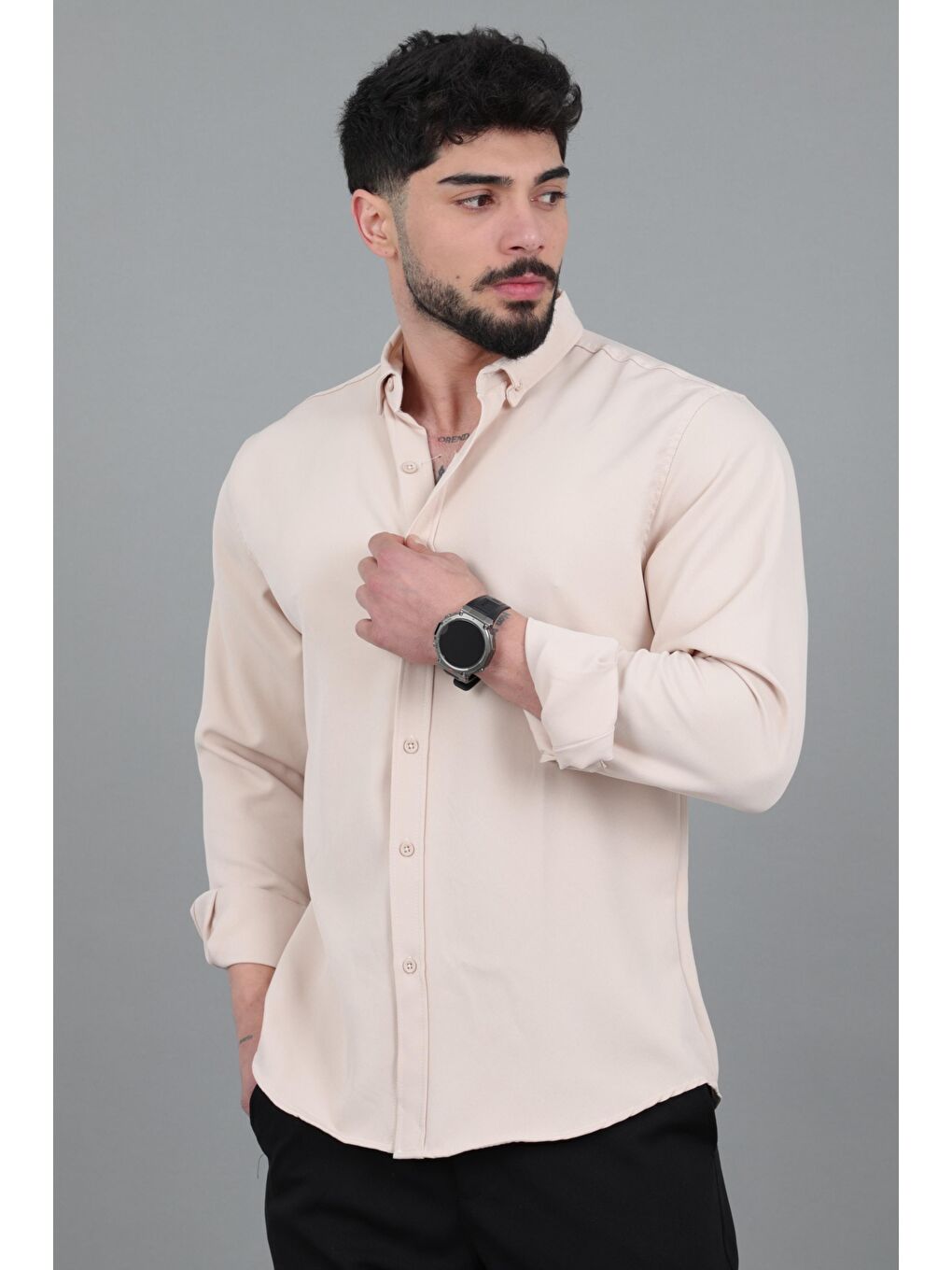 Bej Double Yazlık Uzun Kol Gömlek MRS 217_40416-3