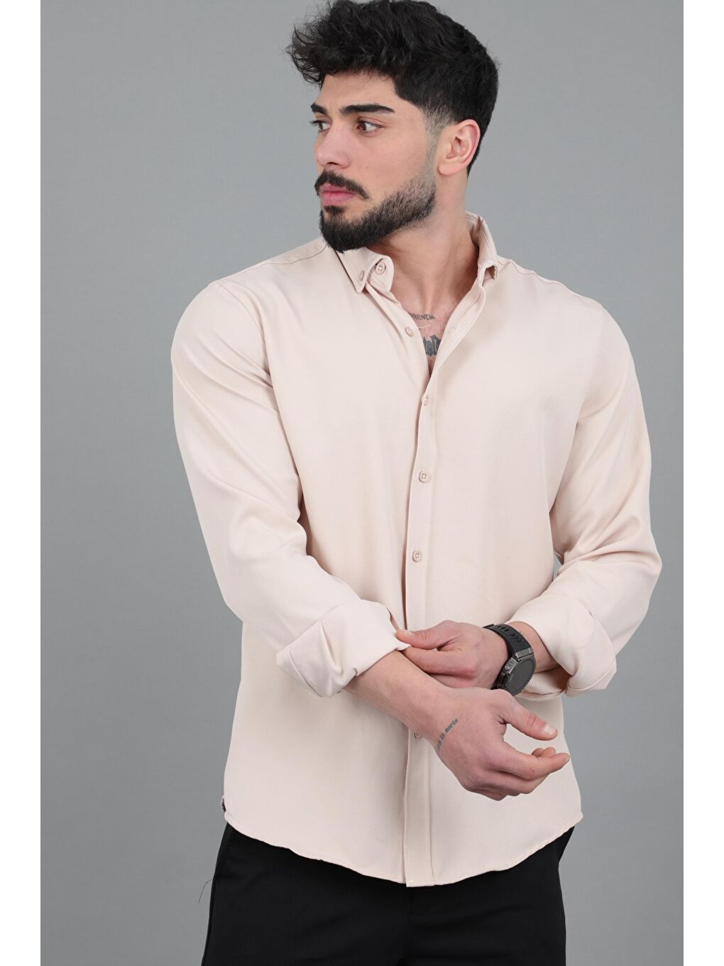 Bej Double Yazlık Uzun Kol Gömlek MRS 217_40416-4