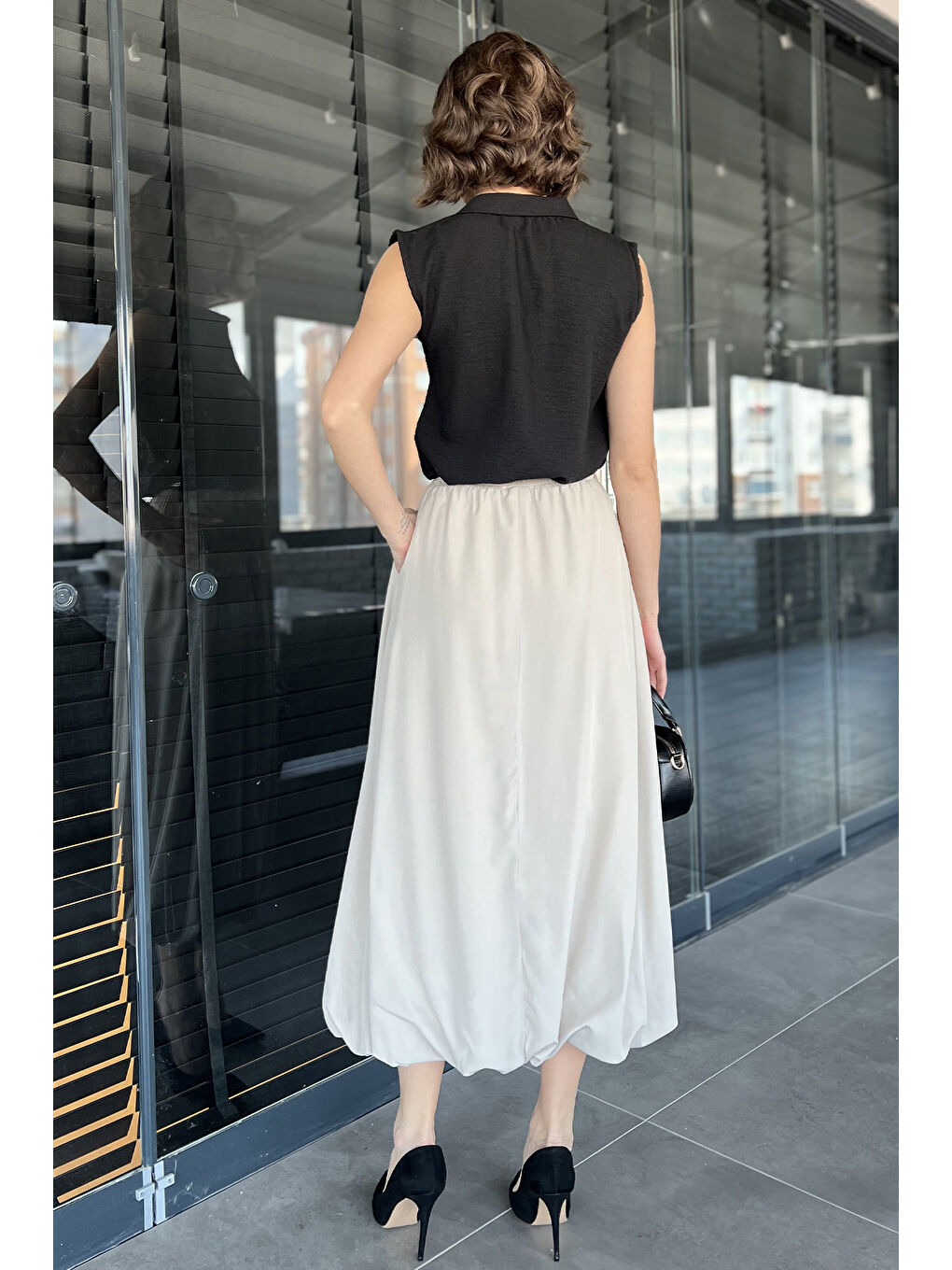 Bej Kadın Bel Lastikli Cepli Balon Etek-2