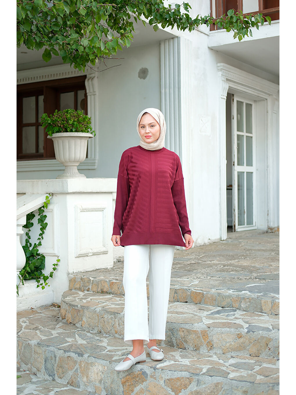 Kadın Kendinden Çizgi Desen Tunik Bordo-2