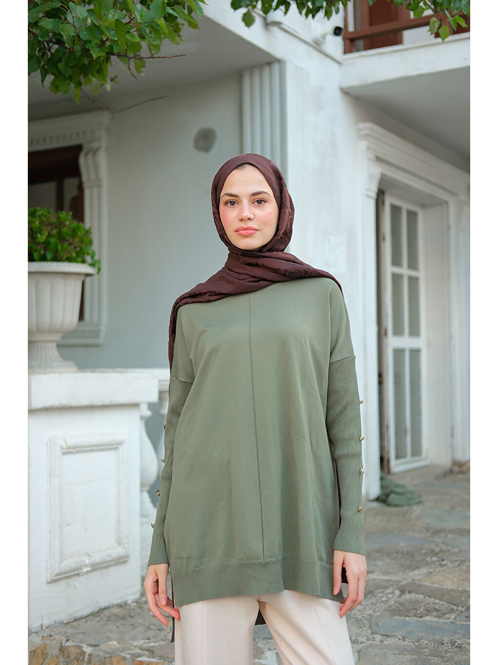 Kadın Kolları Düğme Detaylı Tunik Çağla Yeşil-2