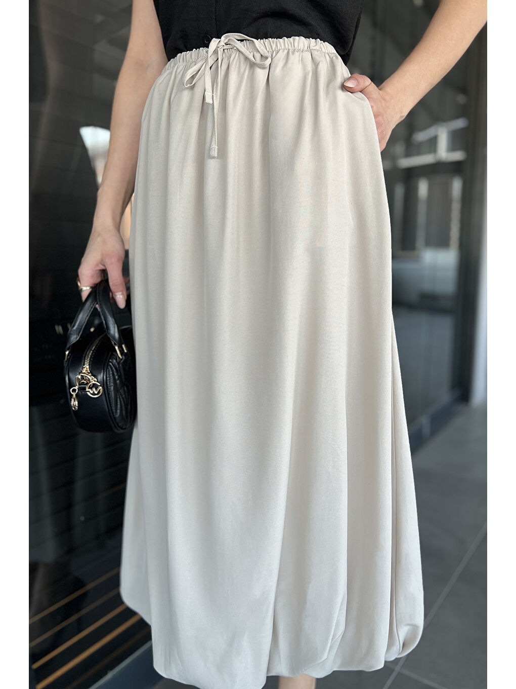 Bej Kadın Bel Lastikli Cepli Balon Etek-3