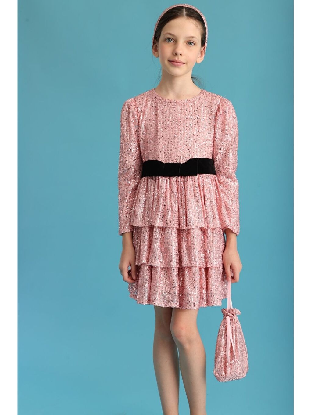 Pembe Pullu Katlı Kız Çocuk Elbise - Liona