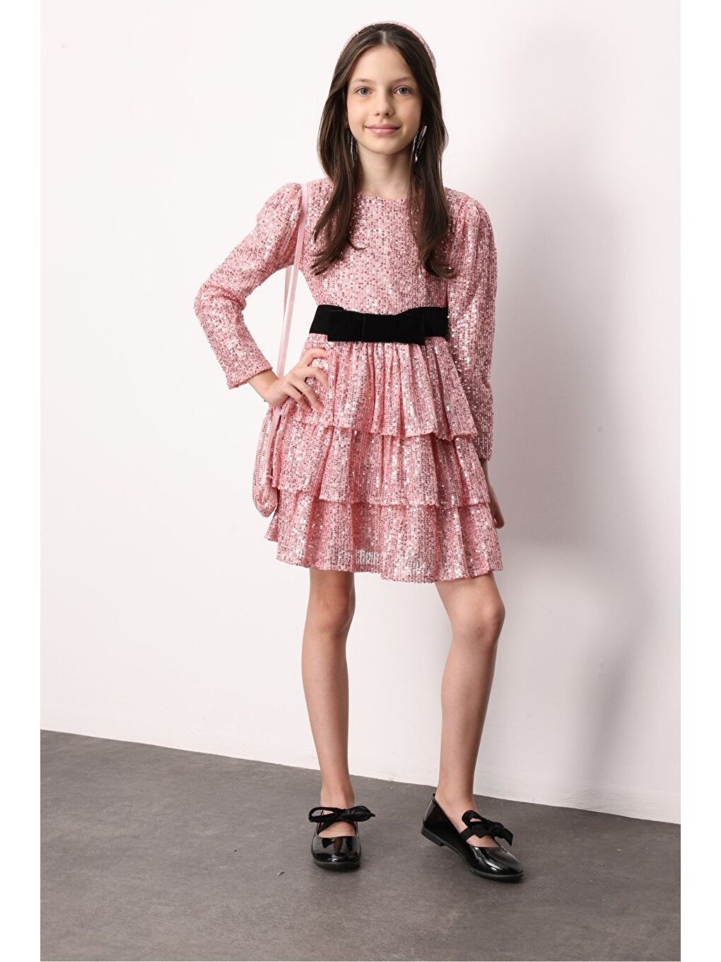 Pembe Pullu Katlı Kız Çocuk Elbise - Liona-1