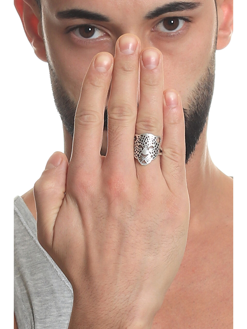 Gri Erkek Antik Gümüş Kaplama Ayarlanabilir Leopar Yüzük-3