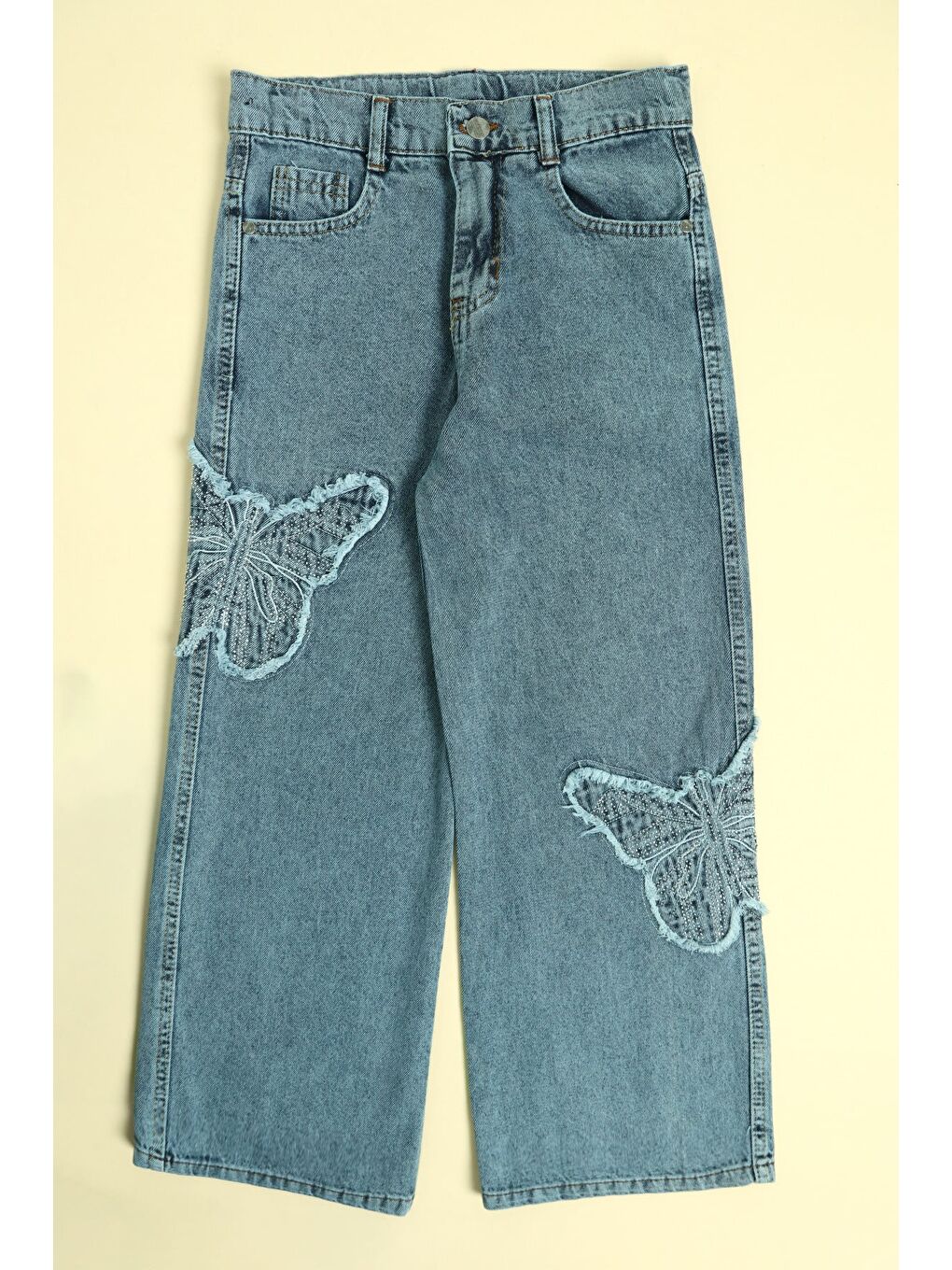 Mavi Beli Ayarlanabilir Kelebek Nakışlı Taşlı Kız Çocuk Palazzo Pantolon