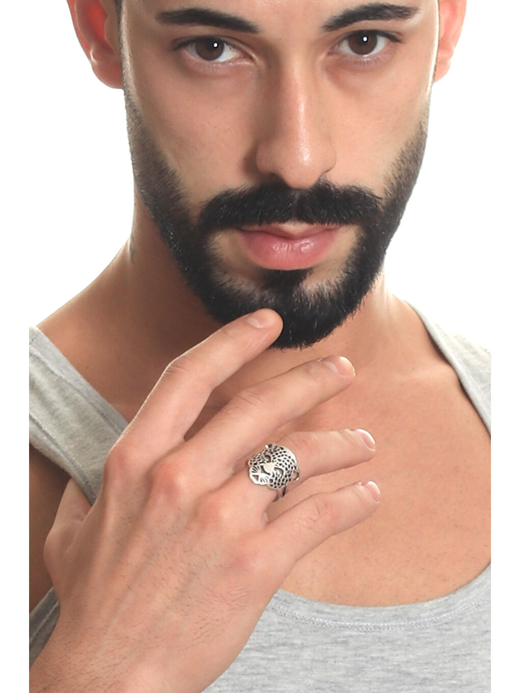 Gri Erkek Antik Gümüş Kaplama Ayarlanabilir Leopar Yüzük-4