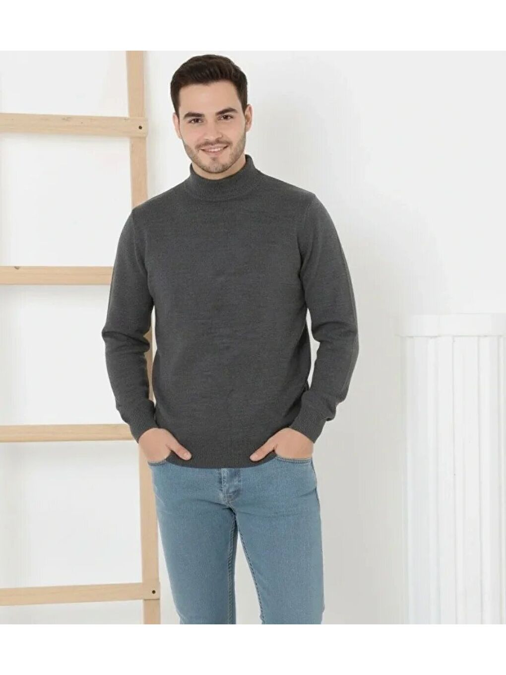 Gri Erkek Yarım Boğaz Triko Kazak Yumuşak Dokulu Pamuklu Ince Dokuma, Uzun Kollu Rahat Regular Kalıp - F