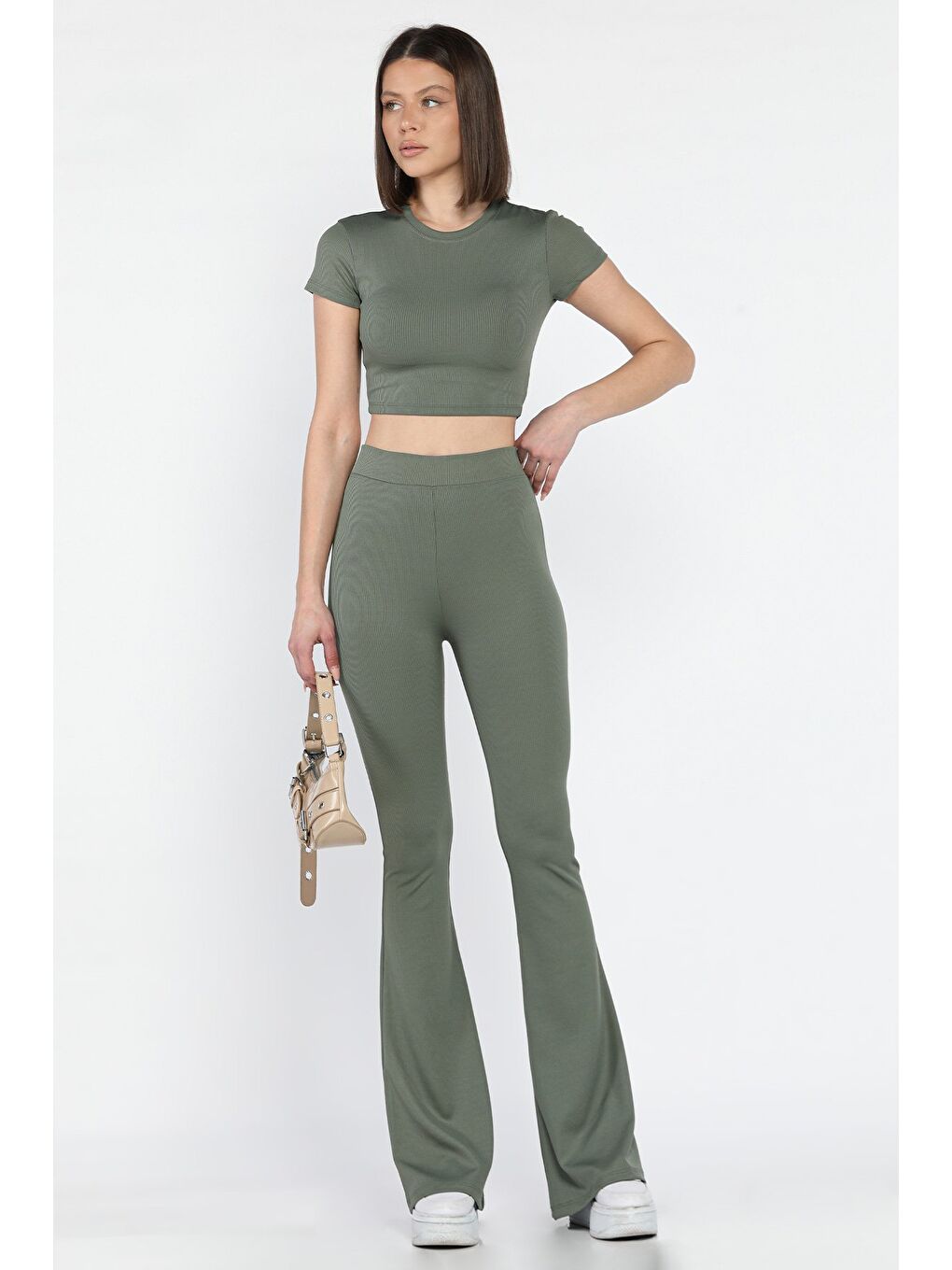 Haki Kadın İspayol Paça Tayt Crop Fitilli İkili Takım-1